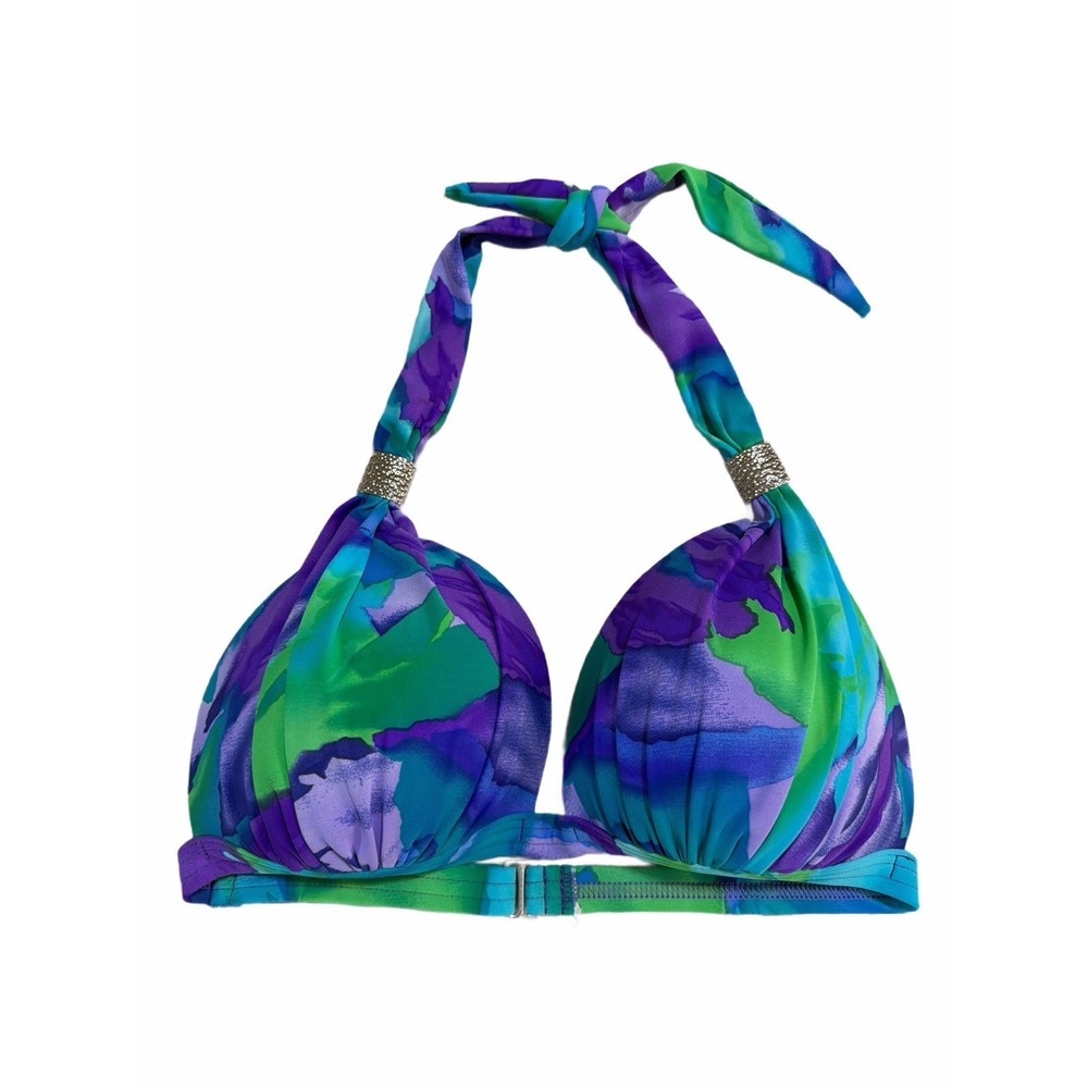 VTG Venus Halter Pushup Bikini Top Molded Cups Made In USA Purple Green - DD